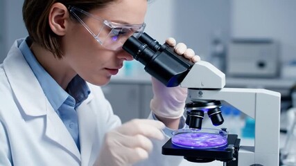 A scientist examines a petri dish under a microscope in a laboratory setting, conducting research. - Powered by Adobe