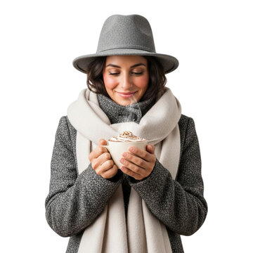 Woman enjoying hot chocolate with whipped cream in winter outfit and hator cozy vibes on transparent background