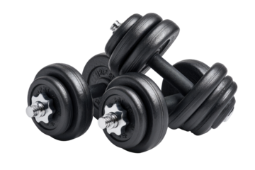 Three black dumbbells, various weights, overlapping, isolated on black background.  Metal weights with black plastic handles.  Adjustable weight, knurled screws visible
