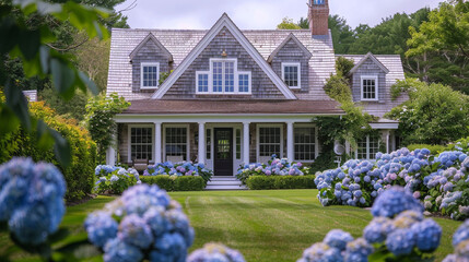 Classic Cape Cod house with wood shingles, steep pitched roof, dormer windows, white trim, manicured lawn, and blooming hydrangeas.