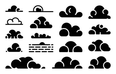 Collection of stylized black cloud icons on a white background