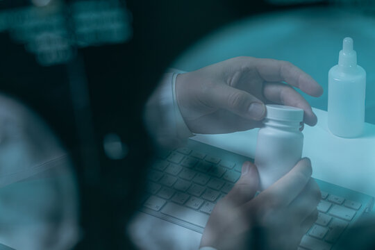 Doctor opening pill bottle through genetic scan overlay