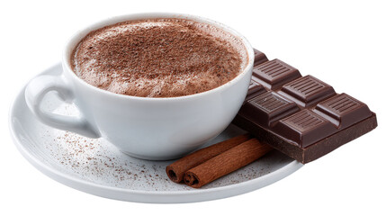 Aromatic Delight Hot Chocolate with Cocoa Powder and Cinnamon Sticks Paired with a Chocolate Bar