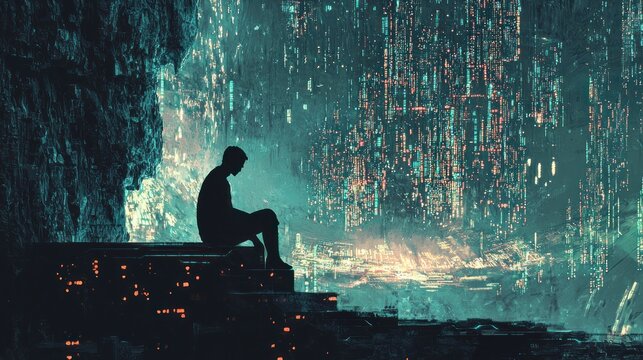 Lonely figure futuristic scene
