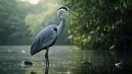 Naklejka premium Grey heron standing in water with green foliage and soft light bird wading bird photo