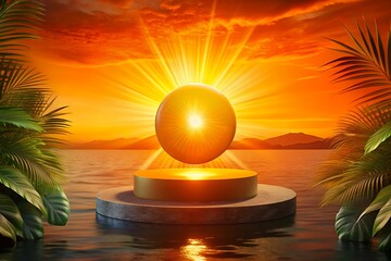 Mystical golden orb rises over tropical sunset