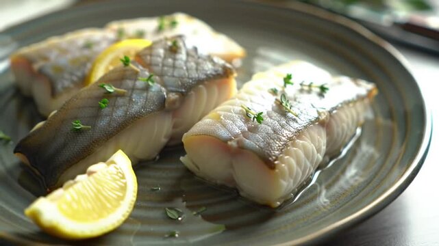 Deliciously flaky white fish fillets served with fresh lemon and herbs on a rustic plate