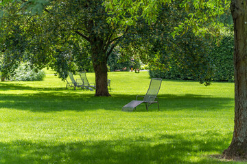 Park Scene with Chairs. Metal lounge chairs rest in the shade of large trees in a peaceful park....
