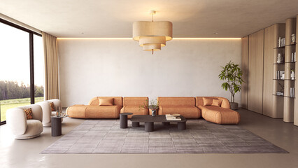 Modern lounge with panoramic window and orange seating