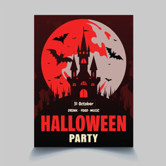 Halloween Party Invitation with Spooky Castle Bats and Full Moon on Dark Red Background