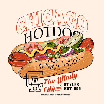 Hotdog design for t shirt. hand drawing food artwork. Chicago college text print. Crispy and delicious fast food artwork. Hand drawn lettering for design t shirt.