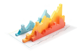 Colorful 3D bar & line graphs depict data analysis