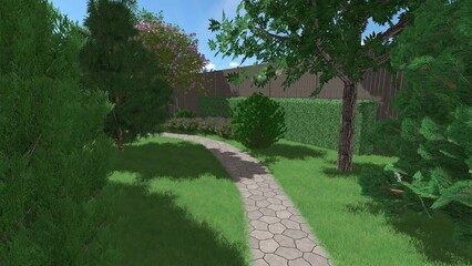 3d image of the landscape design of the home territory. Landscaping of the territory. Computer visualization of composite landscaping and landscaping solutions.
