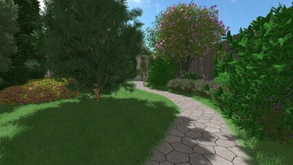 3d image of the landscape design of the home territory. Landscaping of the territory. Computer visualization of composite landscaping and landscaping solutions.