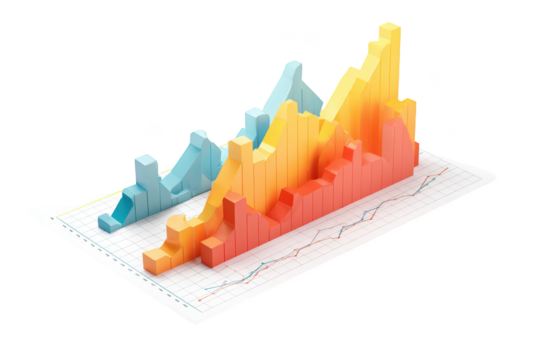 Colorful 3D bar & line graphs depict data analysis