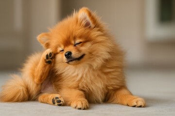 Fluffy Reddish-Brown Dog Scratching Face While Resting on Light Surface
