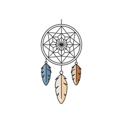 Stylized dreamcatcher graphic with geometric design and muted earth tone feathers evoking tranquility and symbolic protection for peaceful sleep