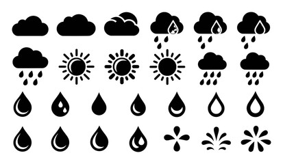 Fototapeta premium Collection of Weather Icons: Sun, Clouds, Rain, and Water Drops