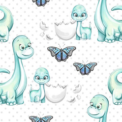 Whimsical seamless pattern featuring cute dinosaurs and butterflies against a dotted background suitable for wallpaper and textile design