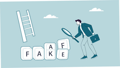 analyze fake or fact, fact or fake concept, Misinformation spread by the tricks of brains, businessman analyzes the cube with the words fact and fake using a magnifying glass
