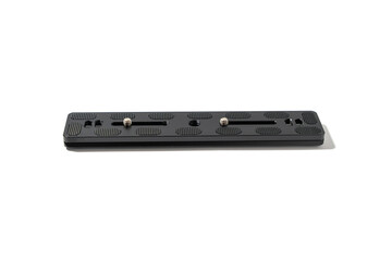 Camera plate, isolated on a white background. Black quick-release plate with non-slip pads and...