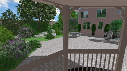 Naklejka premium 3d image of the landscape design of the home territory. Landscaping of the territory. Computer visualization of composite landscaping and landscaping solutions.