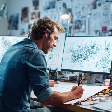 Creative designer man sketching architecture drawing at modern workspace, digital art project inspiration in office, focused on creative planning with technology, surrounded by supplies and innovation