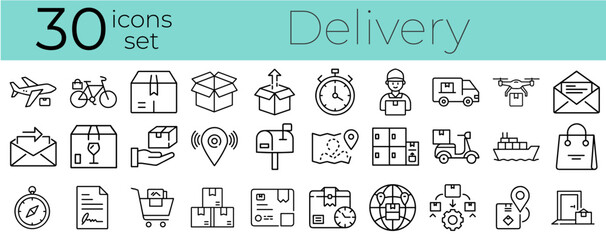 Delivery icon set featuring 30 line art designs on light background  