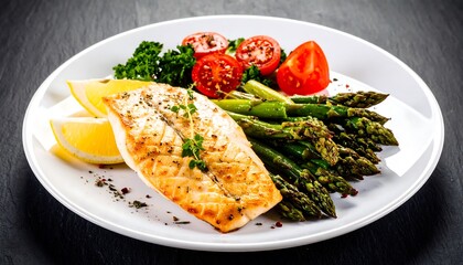 A gourmet plate of pan-seared fish, vibrant asparagus, and fresh vegetables, presented beautifully on a white plate.