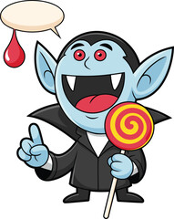 Cartoon vampire with lollipop, Halloween character illustration, funny Dracula clipart, spooky candy vampire, vampire speech bubble, blue vampire vector