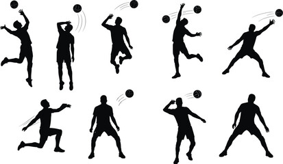 Professional male volleyball player silhouettes in dynamic poses, perfect for sports design, illustration, and graphic projects, vector graphics, black and white.