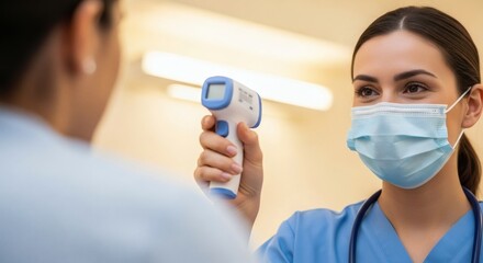 A nurse in a blue uniform and face mask uses a non-contact infrared thermometer to check the temperature of a patient.