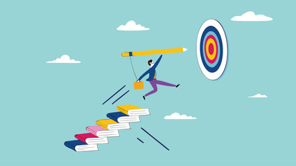 achieving education goals, strategies for achieving success with higher education, courses or skills development, Businesspeople create ladders from books to target educational goals with pencil
