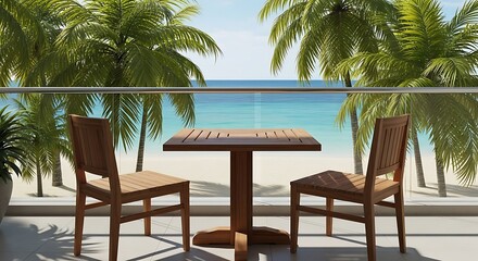 Fototapeta premium Balcony view of a tropical beach with palm trees and clear blue ocean