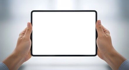 Hands Holding Tablet with Blank White Screen Mockup