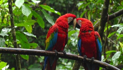 Fototapeta premium Two vibrant macaws on a branch in a lush rainforest