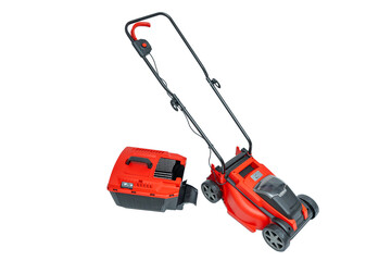 Naklejka premium Red electric lawn mower with the grass catcher removed. Device with an ergonomic handle and large wheels, isolated on a white background.