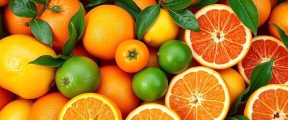 Vibrant mix of oranges, lemons, limes, grapefruits, and a kumquat, diet, fresh