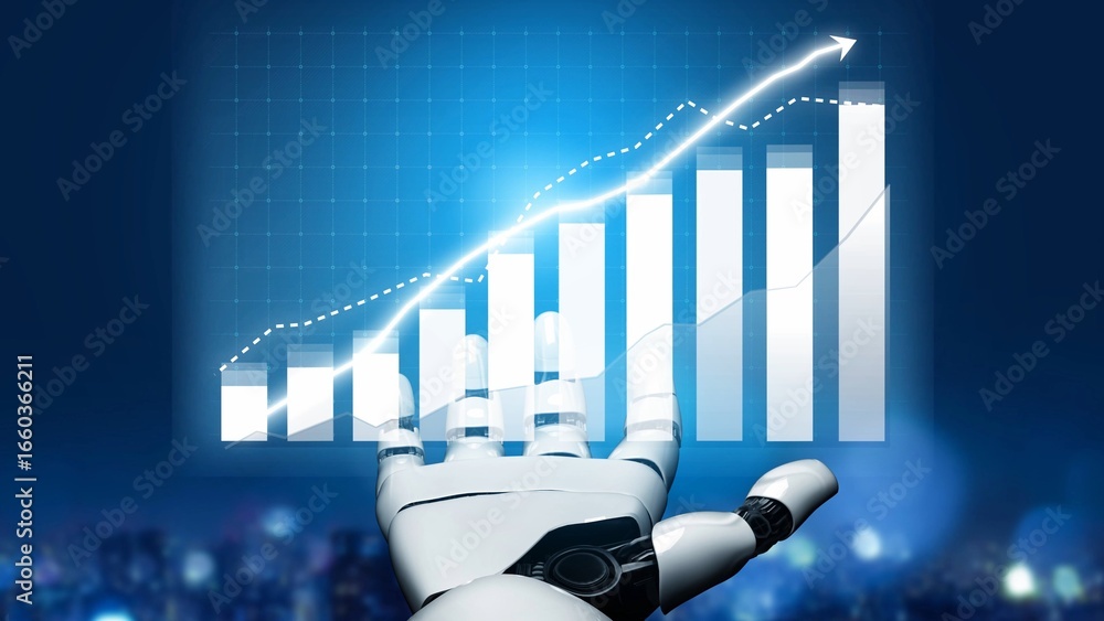 Poster a futuristic robotic hand interacts with a digital graph that illustrates growth trends in technolog