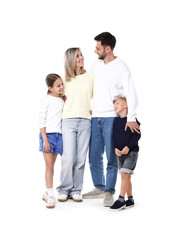 Fototapeta premium Happy parents and their children on white background. Family