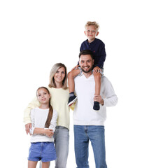 Obraz premium Family portrait of happy parents and their children on white background
