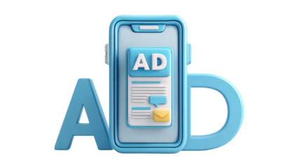 3D illustration of mobile advertising concept, phone with "AD" on screen