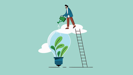 Environmental social and governance, sustainable business, industry using environmentally friendly energy or renewable energy, businessman watering sustainability light bulb vector illustration

