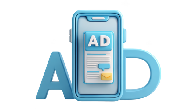 3D illustration of mobile advertising concept, phone with "AD" on screen