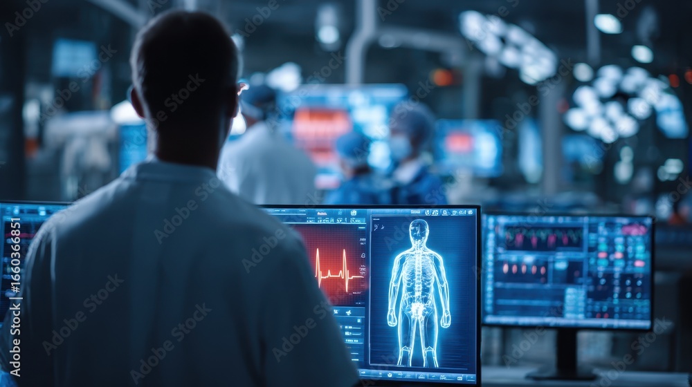 Poster hospital command center featuring an intensivist studying vital signs on several digital screens wit