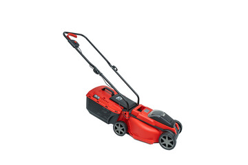 Lawn mower side view. Red cordless lawn mower isolated on a white background. With a black handle,...