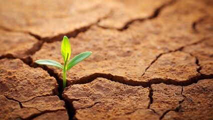 Resilience: A single sprout emerges from cracked, arid earth, symbolizing hope and renewal.