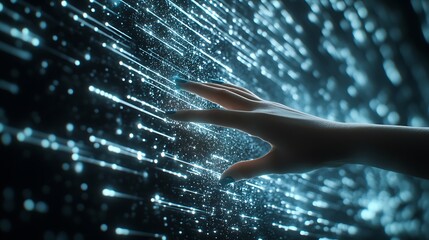 Hand interacting with a stream of glowing blue digital particles technology photo