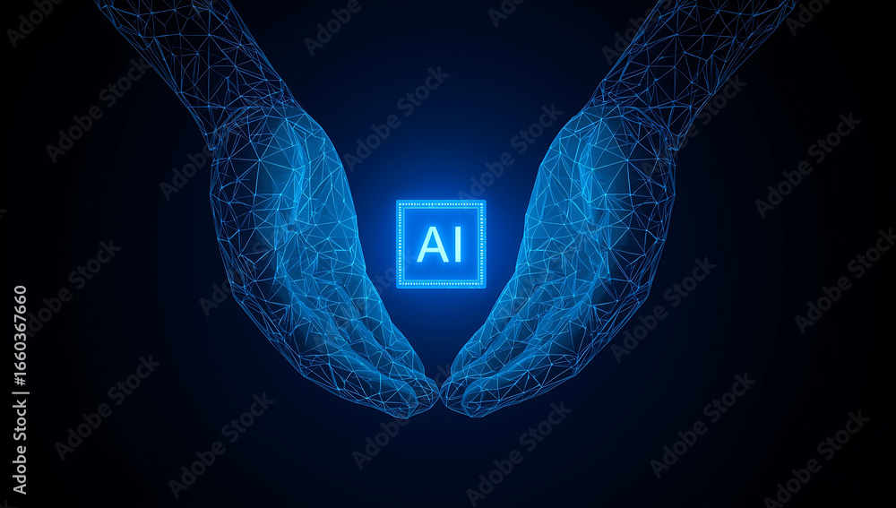 Poster digital hands holding ai chip representing technological advancement and futuristic innovation in ar