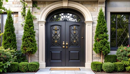 A grand, classic entrance to a stately home is highlighted by a dark-hued door, elegant wrought iron details, and manicured landscaping.